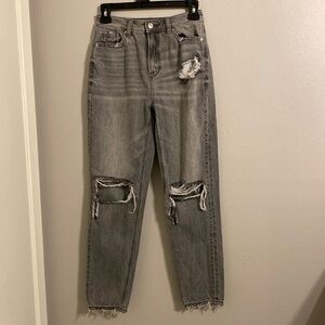 American Eagle Gray Distressed Mom Jeans (0 Regular)